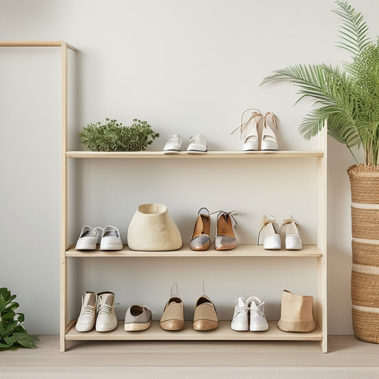 A minimalist, whitewashed wooden shelf with 5-7 pairs of shoes neatly arranged on its tiered levels, surrounded by lush greenery and a few woven baskets.