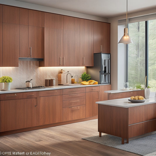 Generate an image featuring a sleek, modern small kitchen with custom cabinetry in a warm, honey-brown wood tone, with soft-close drawers, under-cabinet lighting, and a stunning quartz waterfall countertop.