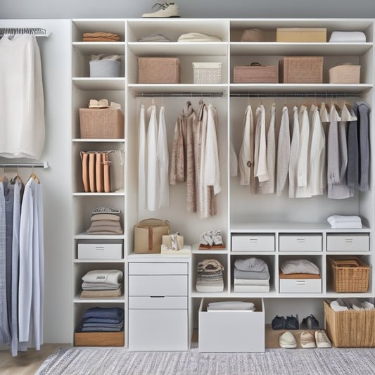 A tidy, minimalist closet with white shelves, rods, and drawers, featuring a few neatly hung clothes, shoes, and accessories, with a few sheets of paper with grid lines and checkboxes on a nearby shelf.