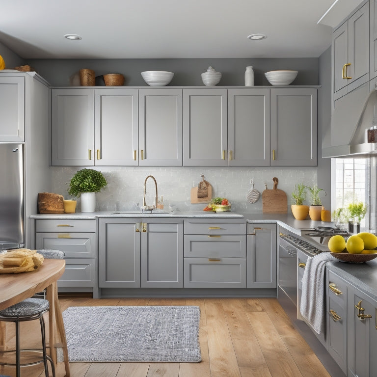 A bright, modern kitchen with refaced cabinets in soft gray, adorned with sleek hardware, alongside a few partially dismantled cabinets with old hardware and worn-out doors, showcasing the transformation process.