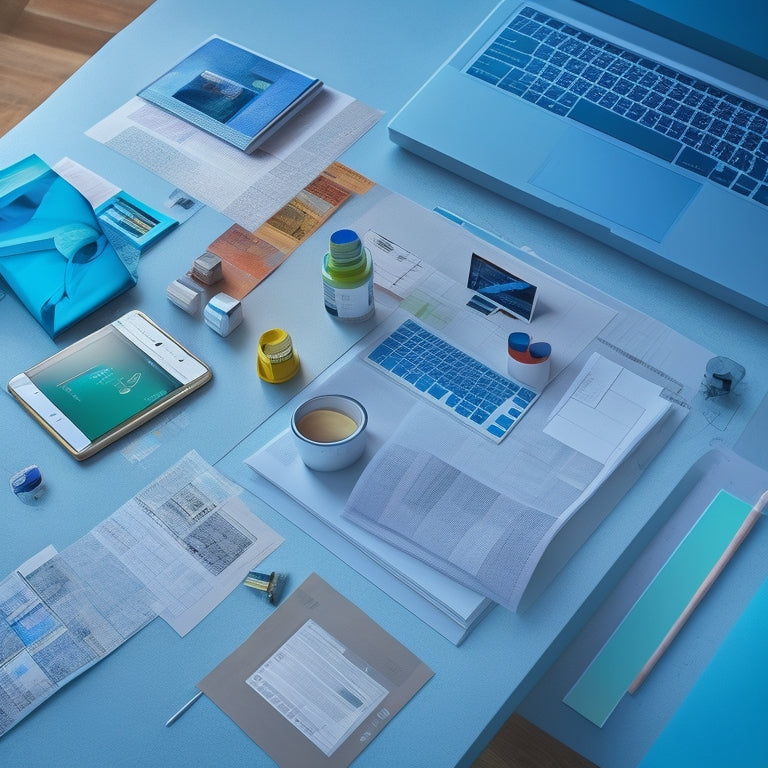 A minimalist desk with a sleek laptop, a tablet, and a smartphone, surrounded by scattered blueprints, architectural sketches, and 3D modeling prints, with a few scattered paint swatches and color palettes.