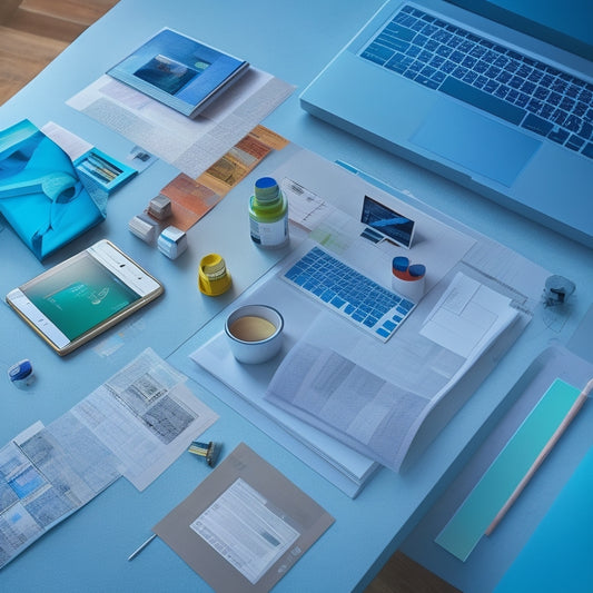 A minimalist desk with a sleek laptop, a tablet, and a smartphone, surrounded by scattered blueprints, architectural sketches, and 3D modeling prints, with a few scattered paint swatches and color palettes.