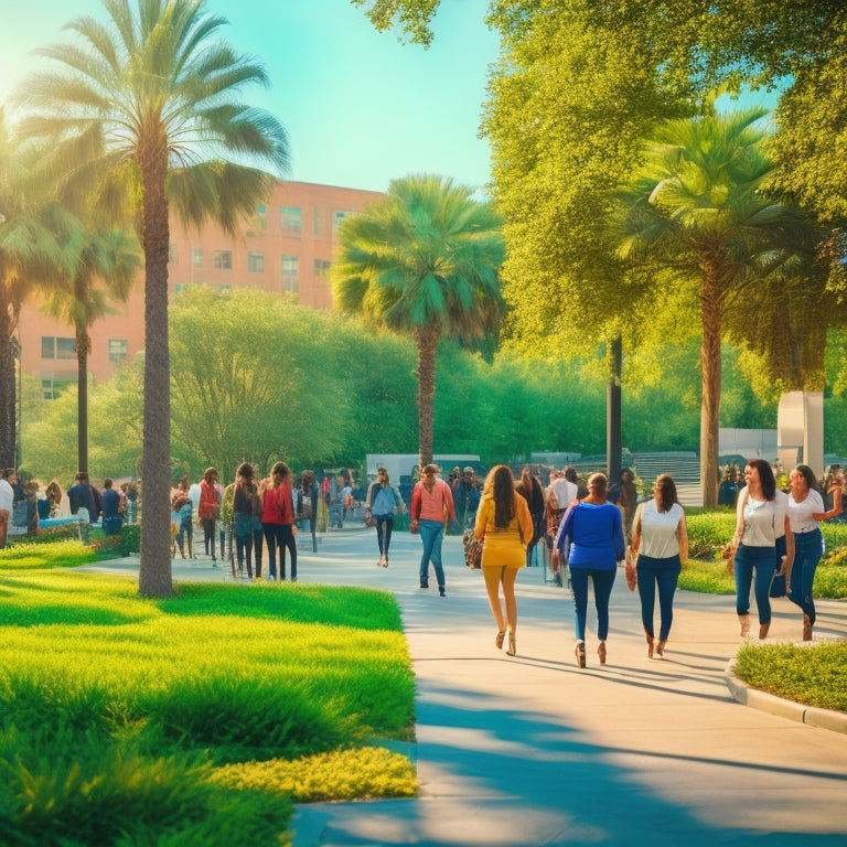 A sun-drenched university campus with students of diverse backgrounds laughing, chatting, and walking together, surrounded by lush greenery, modern buildings, and subtle security cameras.