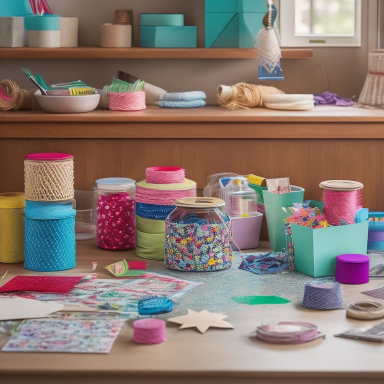 A colorful, messy craft desk with scattered Patchwork Pieces die-cut shapes, half-assembled cards, and open Stampin' Up! storage containers, surrounded by threads, ribbons, and paper scraps.