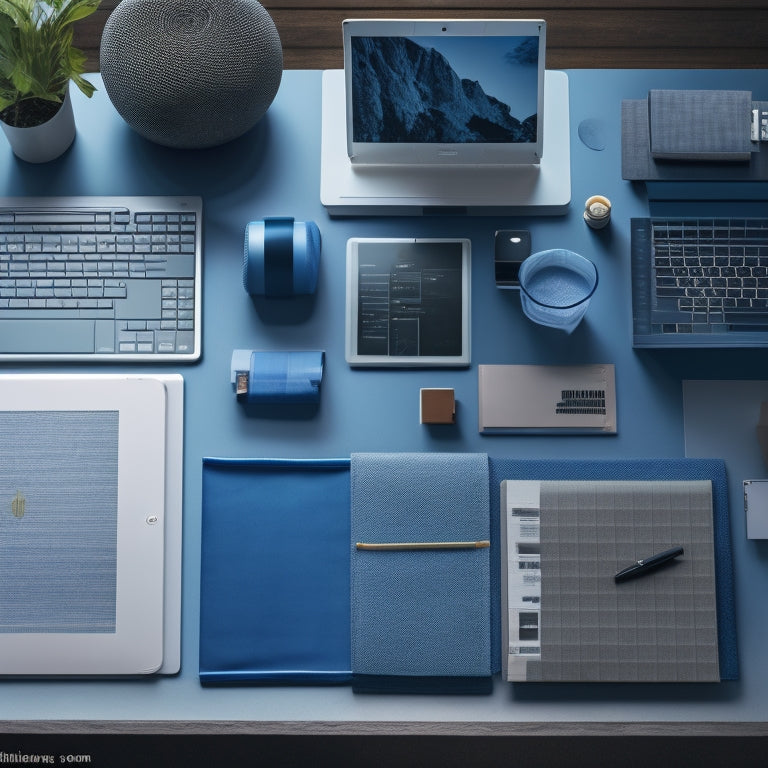 An organized desk with a laptop, a few neatly arranged digital tablets, and a small, empty paper tray, surrounded by a subtle background of calming blue tones and faint digital grid patterns.