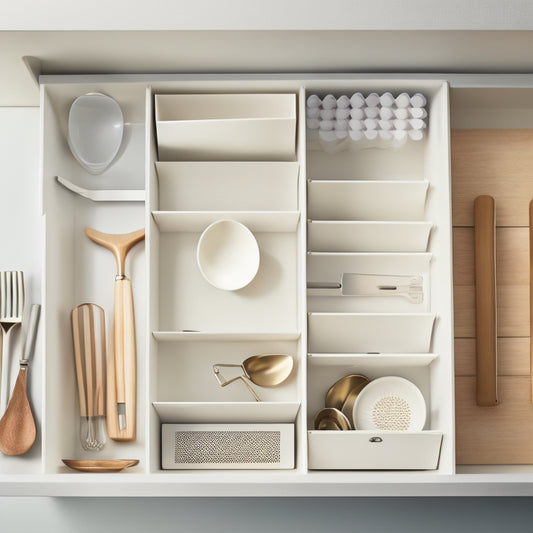 A tidy, white kitchen drawer with utensil organizers in various shapes and sizes, holding neatly arranged kitchen tools, gadgets, and cookware, against a soft, creamy background.