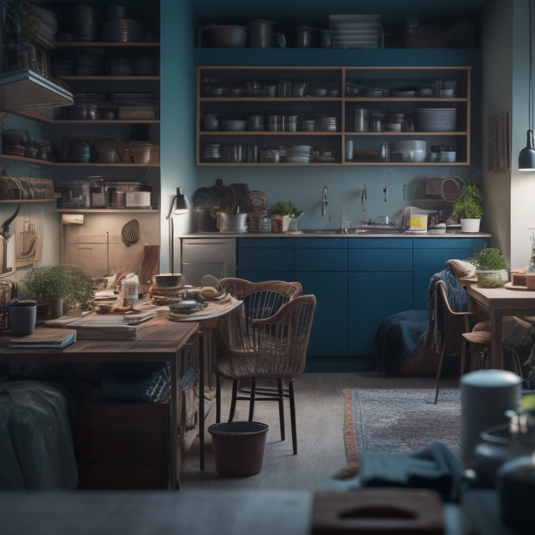 A cluttered, dimly lit studio apartment with a mess of clothes, books, and kitchen utensils scattered everywhere, contrasted with a sleek, minimalist version of the same space with hidden storage compartments and multi-functional furniture.