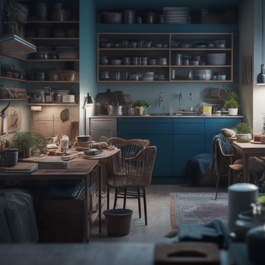 A cluttered, dimly lit studio apartment with a mess of clothes, books, and kitchen utensils scattered everywhere, contrasted with a sleek, minimalist version of the same space with hidden storage compartments and multi-functional furniture.