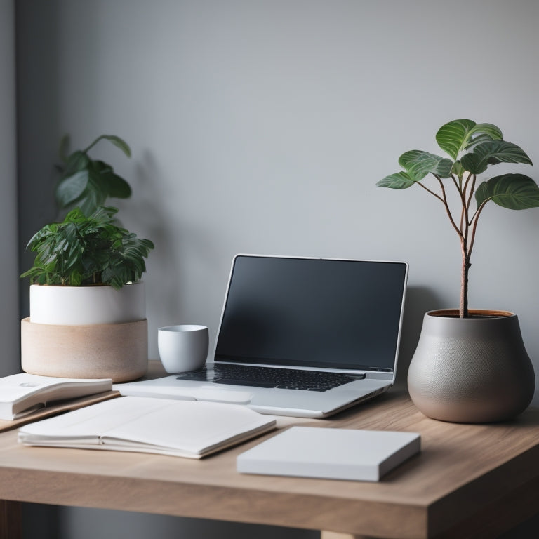 A serene, minimalist workspace with a laptop, a small potted plant, and a few essential items on a wooden desk set against a calm, light-gray background.