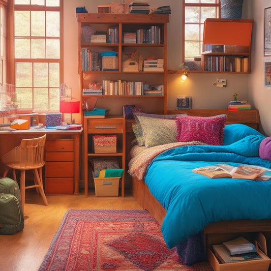 A cluttered college dorm room with a messy bed, scattered clothes, and stacked books, transforms into a tidy space with storage bins, hooks, and a lofted bed, showcasing creative storage solutions.