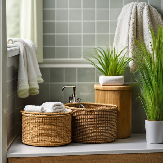 A tidy, modern bathroom countertop with a few artfully arranged small storage containers, a woven basket, and a wall-mounted shelf holding a few rolled towels and a small potted plant.
