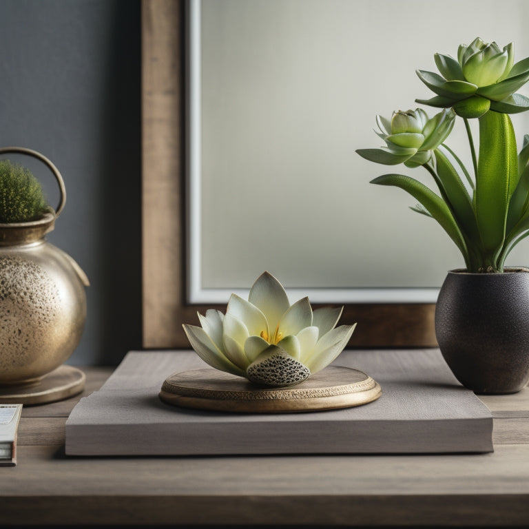 A serene background with a blooming lotus flower in the center, surrounded by a few scattered, open books, a minimalist clock, and a small, potted succulent, all on a natural wooden desk.