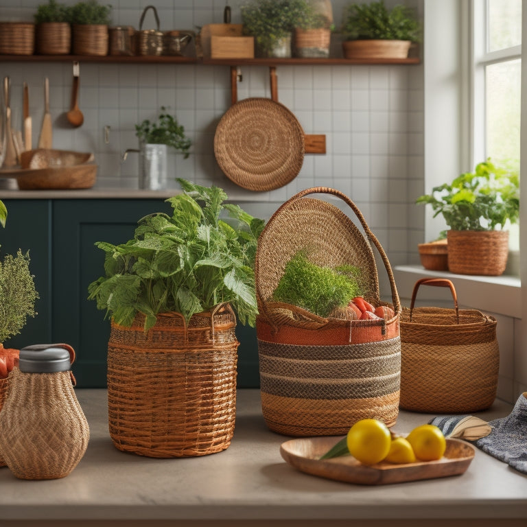 A tidy kitchen countertop with 5-7 woven baskets in various sizes, filled with utensils, spices, and kitchen gadgets, surrounded by a few cookbooks and a small potted herb plant.