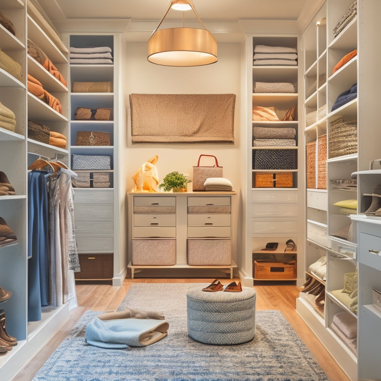 A tidy walk-in closet with floor-to-ceiling shelves, baskets, and double rods, featuring a stylish ottoman, a few chic outfits, and a few pairs of shoes, illuminated by natural light.