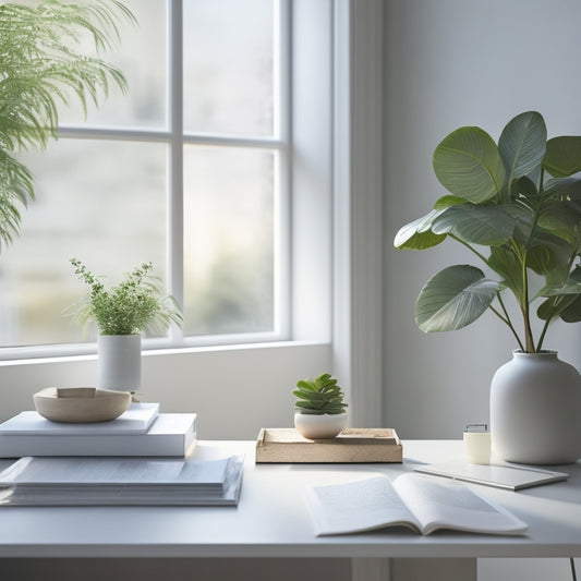 A serene and minimalist room with a tidy desk, a few organized files, and a single, blooming potted plant, set against a soft, creamy white background with natural light pouring in.
