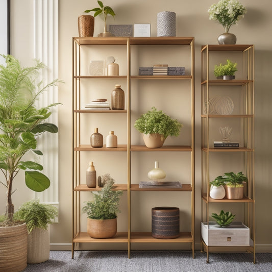 A stylish, modern shelving unit with 5 tiers of varying heights, adorned with decorative metal accents, holding a mix of vintage vases, leather-bound books, and potted greenery against a soft, creamy background.