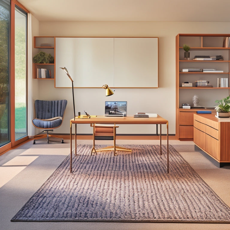 A tidy, L-shaped desk with a built-in cable organizer and a minimalist chair, surrounded by floor-to-ceiling, sliding glass doors with built-in shelving and a geometric-patterned area rug.