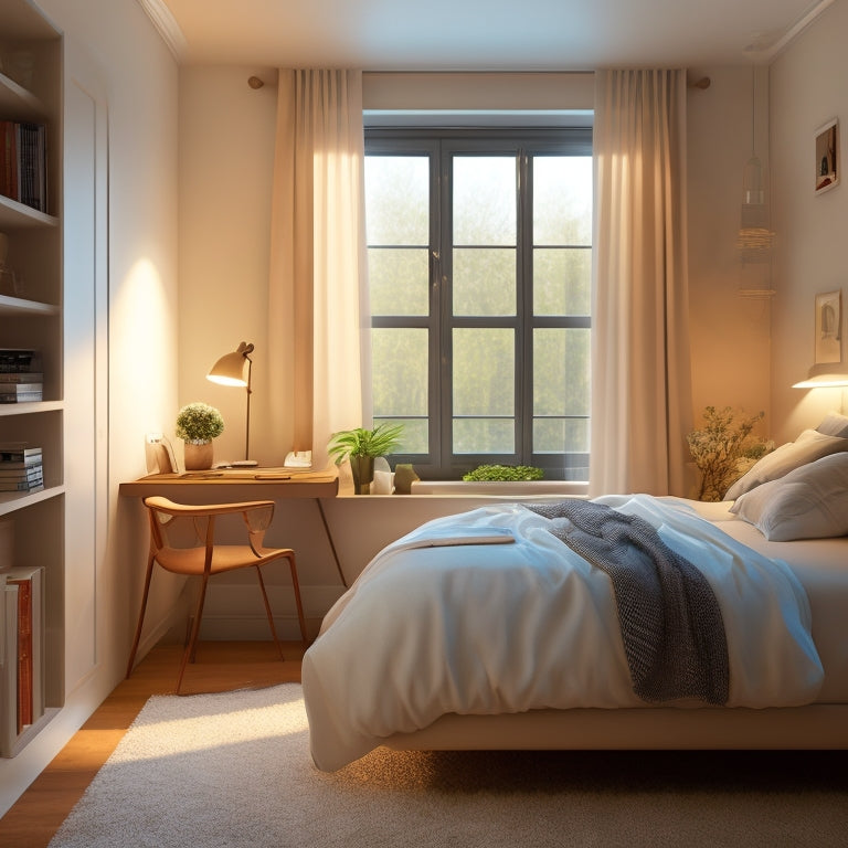 A serene, clutter-free small bedroom with a plush bed, floor-to-ceiling storage units, a compact desk, and a minimalist nightstand, illuminated by soft, warm lighting and a large window with flowing white curtains.