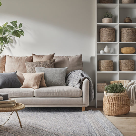 A serene, clutter-free living room with a minimalist couch, a few stylishly arranged books on a floating shelf, and a woven basket containing a few neatly folded throw blankets.