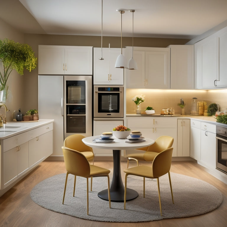 A brightly lit, modern kitchen with cream-colored walls, dark hardwood floors, and a compact table and chair set in a circular shape, with two chairs tucked under the table, surrounded by sleek appliances.