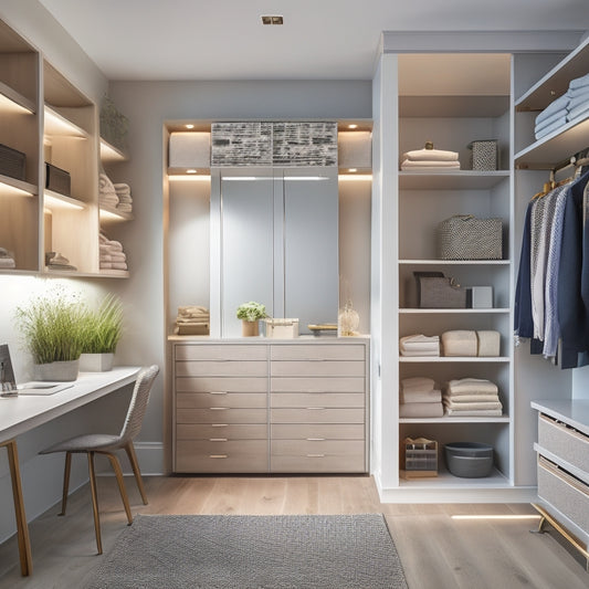 A serene, modern closet interior with sleek, floor-to-ceiling shelves, drawers, and a built-in desk, illuminated by soft, warm lighting and featuring a mix of hanging rods, baskets, and shoe organizers.