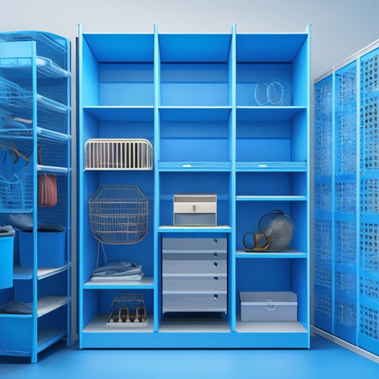 A stylized illustration of a wire closet organizer system with various shelves, rods, and compartments, set against a gradient blue background, with subtle growth patterns and subtle arrow lines.