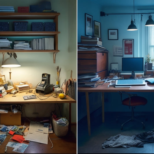 A split-screen image featuring a cluttered, dark, and messy room on one side, with piles of papers, broken items, and tangled cords, and a bright, minimalist, organized space on the other, with neatly labeled files and a sleek desk.
