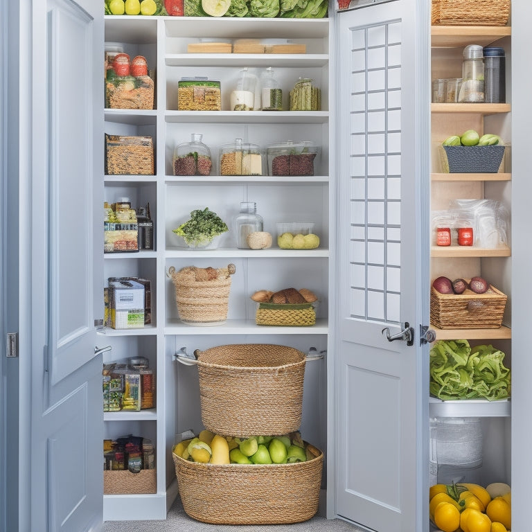 A bright, organized kitchen pantry with labeled baskets, tiered shelving, and a utensil organizer on the back of the door, surrounded by fresh produce and healthy ingredients.