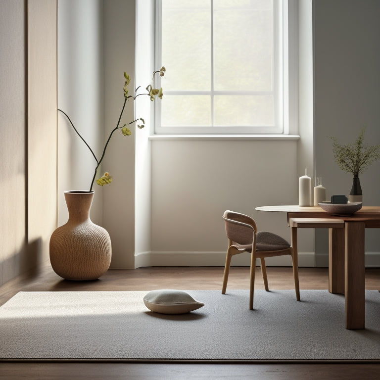 A serene, minimalist room with a few, carefully-placed possessions, including a single, blooming orchid, a simple wooden chair, and a natural fiber area rug, surrounded by empty space and soft, warm light.