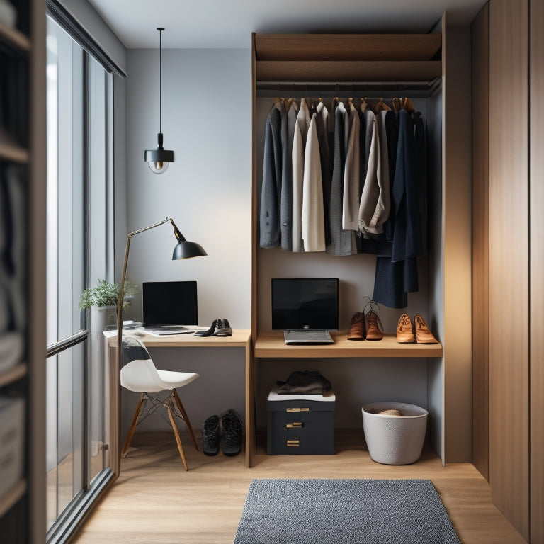 A minimalist, modern closet with a sleek laptop and smartphone on a nearby dresser, surrounded by neatly organized clothes and shoes, with a subtle cityscape visible through the window.