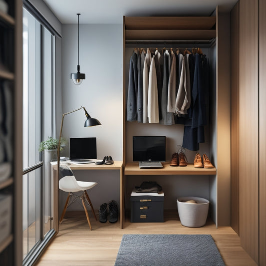 A minimalist, modern closet with a sleek laptop and smartphone on a nearby dresser, surrounded by neatly organized clothes and shoes, with a subtle cityscape visible through the window.