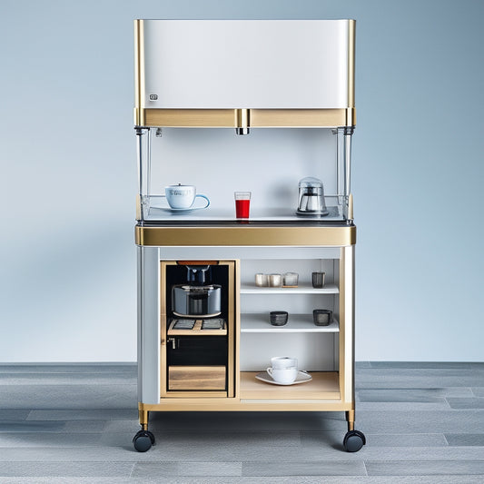 A sleek, modern coffee cart with a compact footprint, adorned with metallic accents, featuring a built-in espresso machine, glass shelves, and a wooden countertop, set against a minimalist white background.