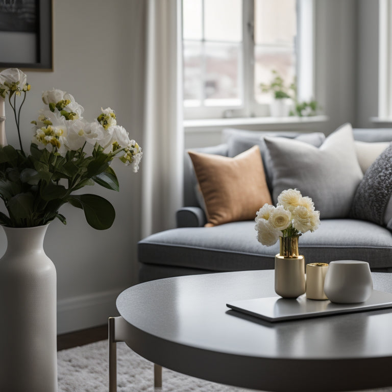 A serene, minimalist living room with a sleek laptop and tablet on a tidy coffee table, surrounded by a few, carefully placed, modern decorative items and a vase with a single, elegant flower.