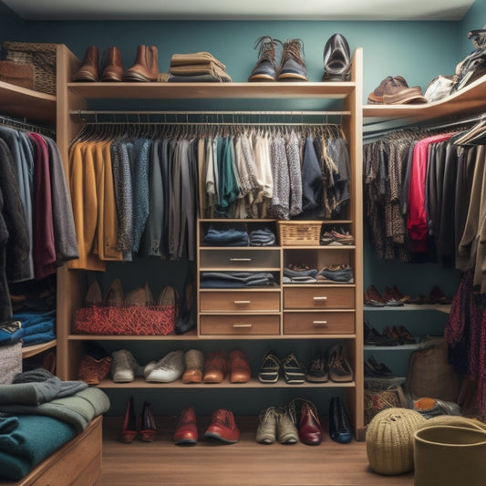 A cluttered closet with clothes scattered on the floor, shoes piled high, and a messy shelf in the background, contrasted with a clean and organized section with a few clothes neatly hung and a few shoes lined up.