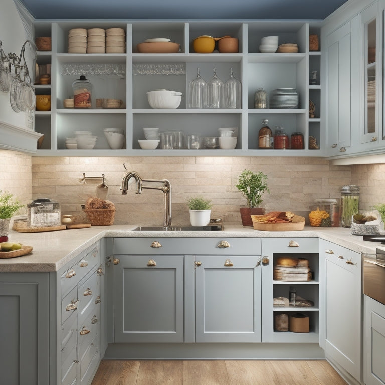A tidy kitchen with a U-shaped counter, featuring a utensil organizer on the wall, a spice rack on the countertop, and a labeled cabinet with a pull-out pantry.