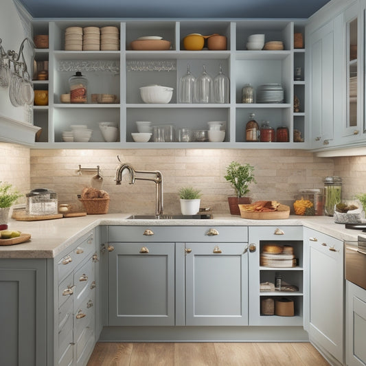 A tidy kitchen with a U-shaped counter, featuring a utensil organizer on the wall, a spice rack on the countertop, and a labeled cabinet with a pull-out pantry.