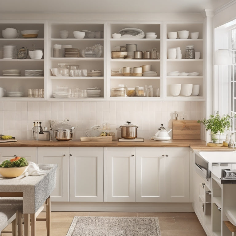 A warmly lit kitchen with sleek, white cabinets featuring pull-out drawers, tiered shelving, and adjustable dividers, showcasing organized cookware, utensils, and dinnerware, with a few strategically placed decorative vases.