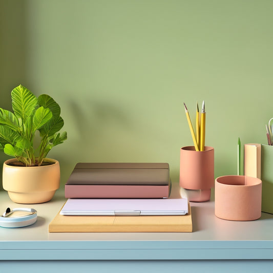 A serene, minimalist desk scene featuring a tidy inbox, a small potted sprouting plant, a wooden planner, and a few carefully arranged office supplies, set against a soft, pastel green background.