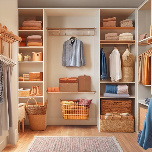 A serene, well-lit closet with adjustable shelving, woven baskets, and a floor-to-ceiling pegboard, showcasing a curated selection of clothing and accessories, arranged by type and color.