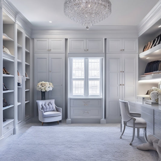 A serene, minimalist closet with floor-to-ceiling shelves, soft gray walls, and creamy marble floors; a velvet tufted ottoman sits beneath a stunning crystal chandelier, surrounded by neatly organized rows of shoes and garments.