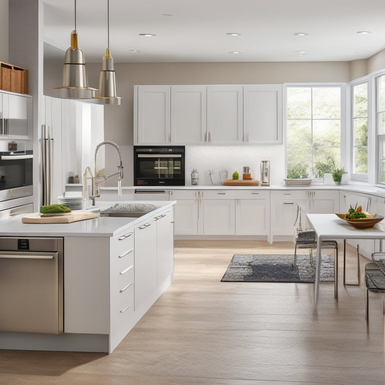 A modern kitchen with a large island, featuring a built-in refrigerator, induction cooktop, and sink, surrounded by sleek white cabinets, stainless steel accents, and a few scattered kitchen utensils.