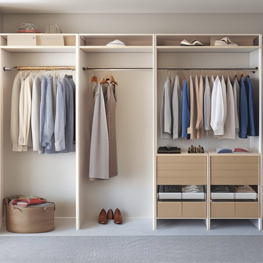 A tidy, minimalist closet with a Room Essentials Hanging Closet Organizer installed, featuring 6 shelves and 3 rods, surrounded by neatly folded clothes and a few designer shoes on the floor.