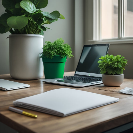 A minimalist desk with a sleek laptop, a few pens, and a small potted plant, surrounded by crumpled paper scraps and a trash can, with a subtle green recycle symbol in the corner.