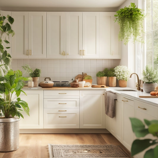 A serene kitchen with cream-colored cabinets, a spotless white countertop, and a few, carefully placed, sleek appliances, surrounded by a subtle warm glow, and a single, delicate, green potted plant.