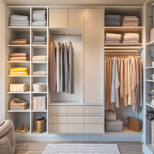 A serene, minimalist closet interior with soft, warm lighting, featuring a mix of open shelves, closed cabinets, and double rods, with neatly folded clothes, shoes, and accessories organized by type and color.