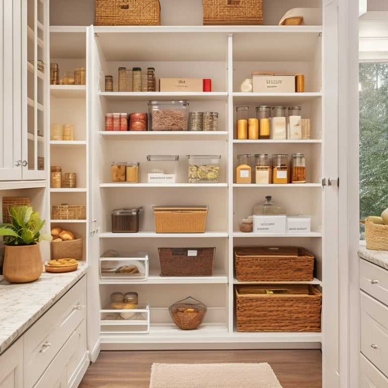 A brightly lit, organized pantry with adjustable shelves, baskets, and bins in a soothing white and wood tone color scheme, featuring a pull-out spice rack and a Lazy Susan corner unit.