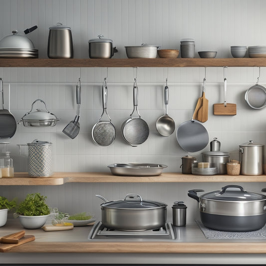 A tidy kitchen countertop with a stainless steel lid rack mounted on the wall, holding various sizes of pots and pans, surrounded by neatly arranged utensils and a few decorative kitchen accessories.