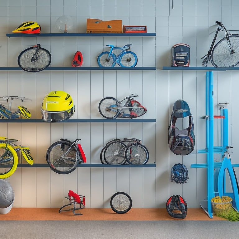 A well-organized garage with sleek, wall-mounted bike racks, a slotted storage system for helmets and gear, and a prominent display shelf for prized sports equipment, set against a clean, gray background.