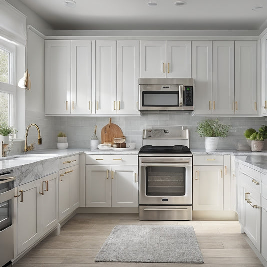 A bright, modern kitchen with a sleek, white hutch, featuring a pull-out drawer and slide-out baskets under the sink, surrounded by gleaming appliances and a marble countertop.