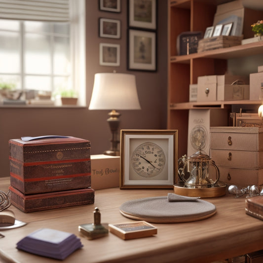 A cluttered room with boxes, furniture, and scattered items, transitioning into a tidy space with organized boxes, labeled folders, and a few remaining items on a "donate" and "recycle" table, with a clock in the background.